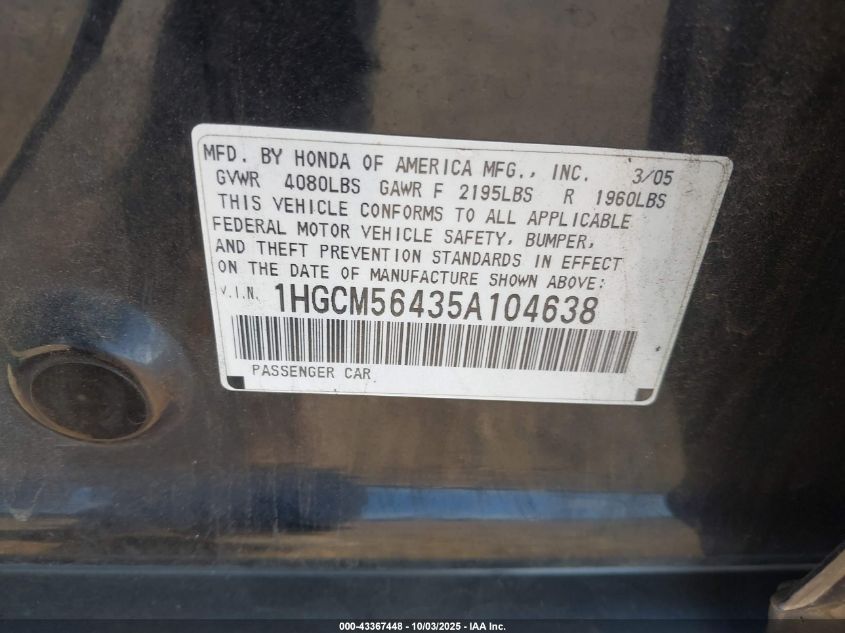 2005 Honda Accord Lx VIN: 1HGCM56435A104638 Lot: 43367448