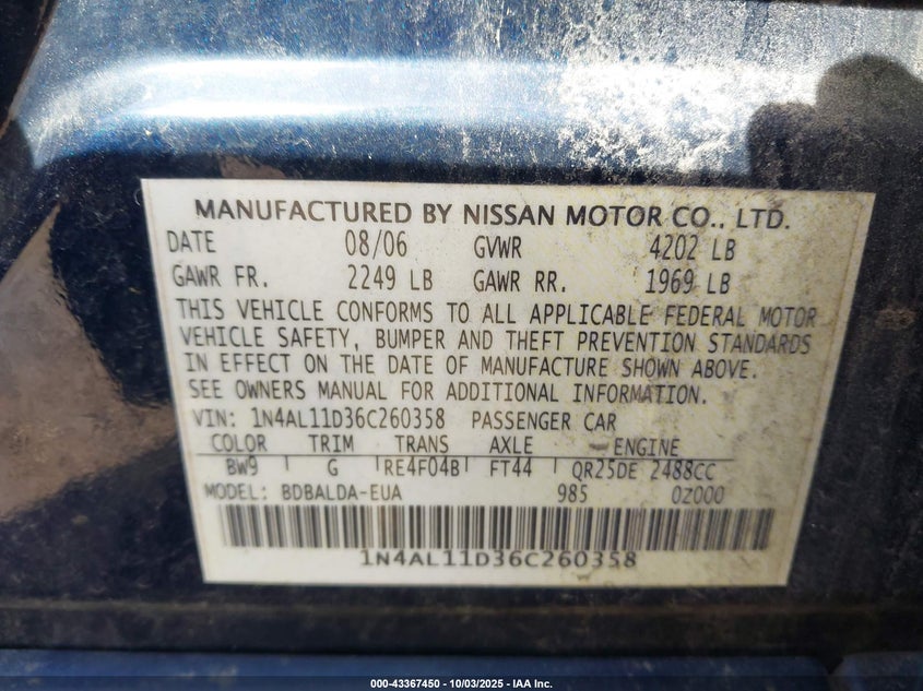 2006 Nissan Altima 2.5 S VIN: 1N4AL11D36C260358 Lot: 43367450