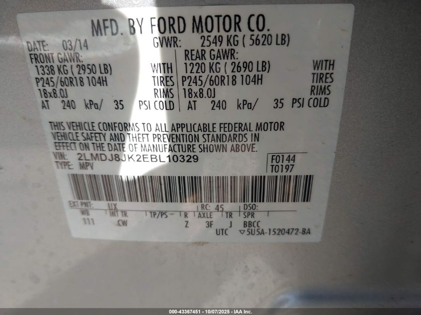 2014 Lincoln Mkx VIN: 2LMDJ8JK2EBL10329 Lot: 43367451