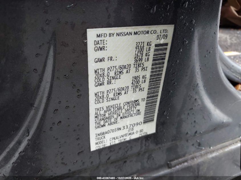 2009 Nissan Titan Le VIN: 1N6BA07D59N317090 Lot: 43367465