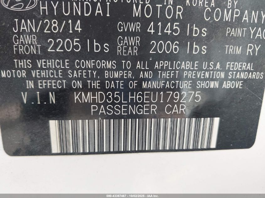 2014 Hyundai Elantra Gt VIN: KMHD35LH6EU179275 Lot: 43367467