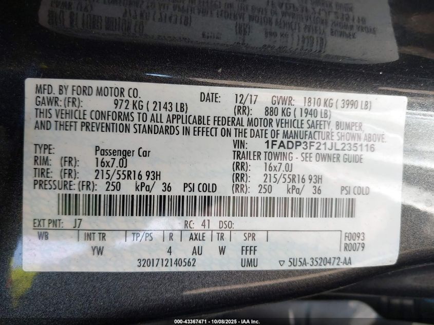 2018 Ford Focus Se VIN: 1FADP3F21JL235116 Lot: 43367471