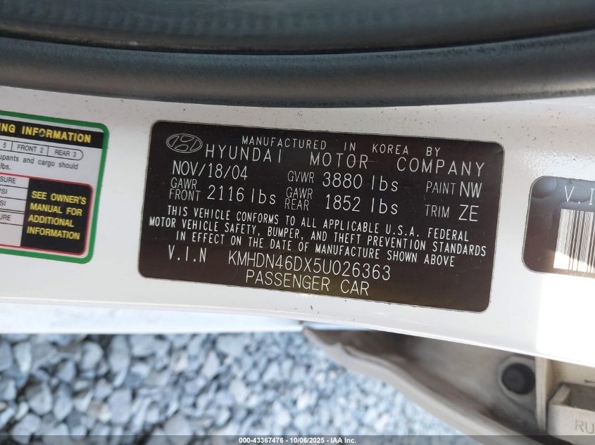 2005 Hyundai Elantra Gls/Gt VIN: KMHDN46DX5U026363 Lot: 43367476