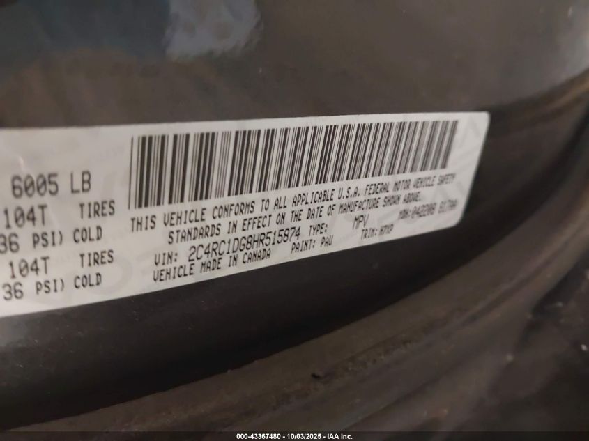 2017 Chrysler Pacifica Touring VIN: 2C4RC1DG8HR515874 Lot: 43367480