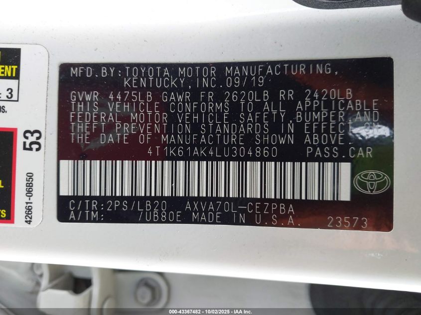 2020 Toyota Camry Xse VIN: 4T1K61AK4LU304860 Lot: 43367482