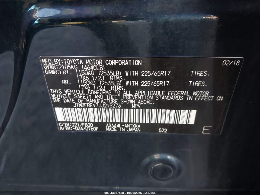 2018 Toyota Rav4 Le VIN: JTMBFREV7JJ215273 Lot: 43367488