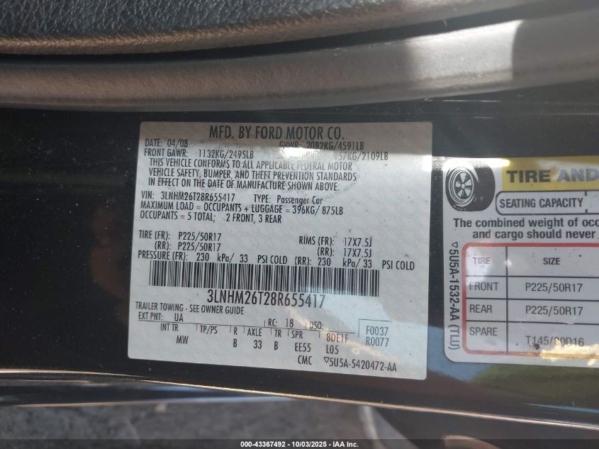 2008 Lincoln Mkz VIN: 3LNHM26T28R655417 Lot: 43367492