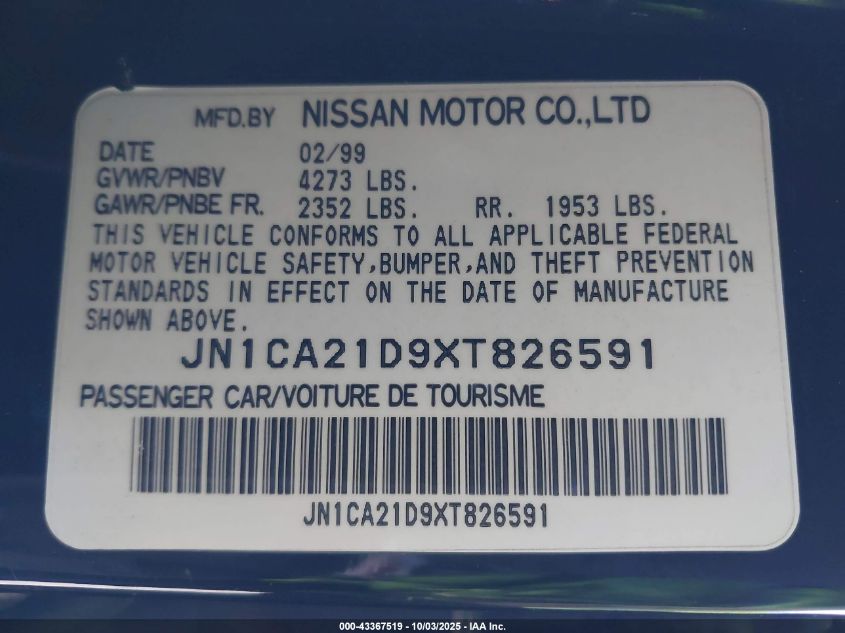 1999 Nissan Maxima Gle/Gxe/Se/Se-L VIN: JN1CA21D9XT826591 Lot: 43367519