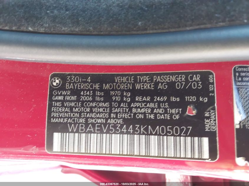 2003 BMW 330I VIN: WBAEV53443KM05027 Lot: 43367520