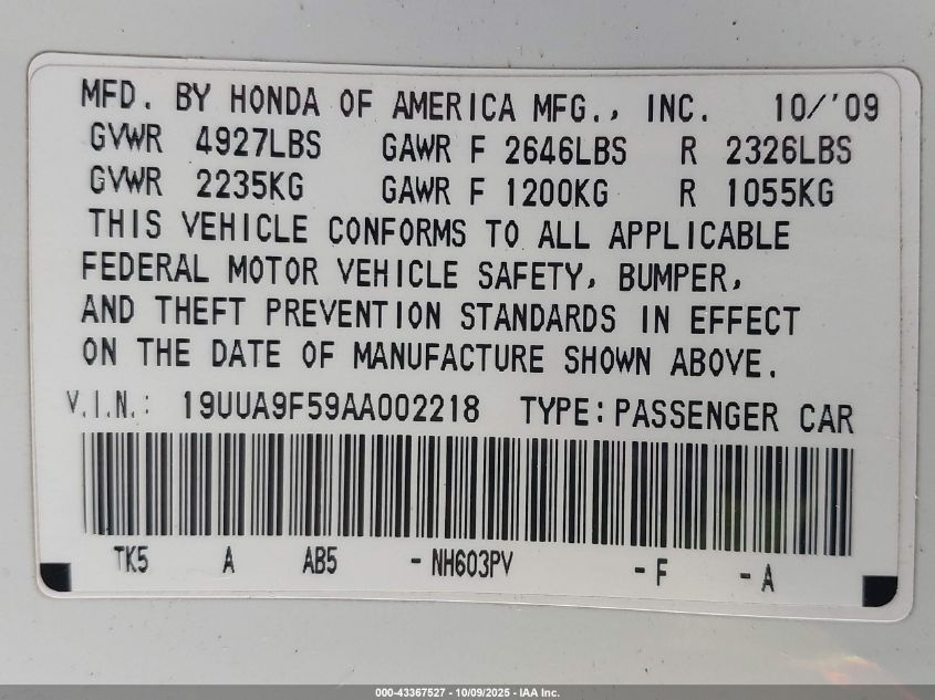 2010 Acura Tl 3.7 VIN: 19UUA9F59AA002218 Lot: 43367527