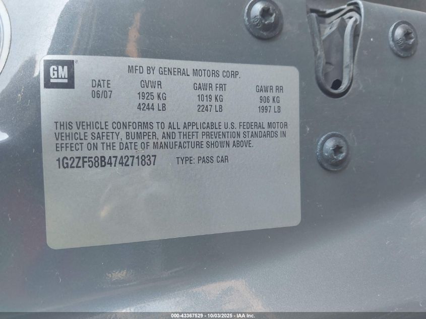 2007 Pontiac G6 Value Leader VIN: 1G2ZF58B474271837 Lot: 43367529