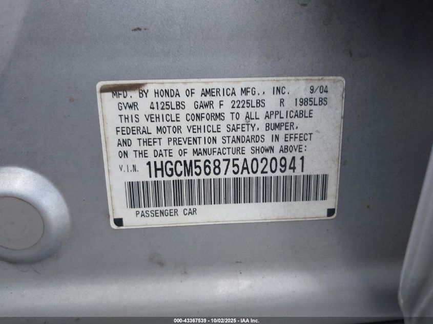 2005 Honda Accord 2.4 Ex VIN: 1HGCM56875A020941 Lot: 43367539