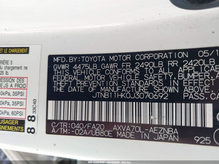 2018 Toyota Camry Le VIN: JTNB11HK0J3070692 Lot: 43367540