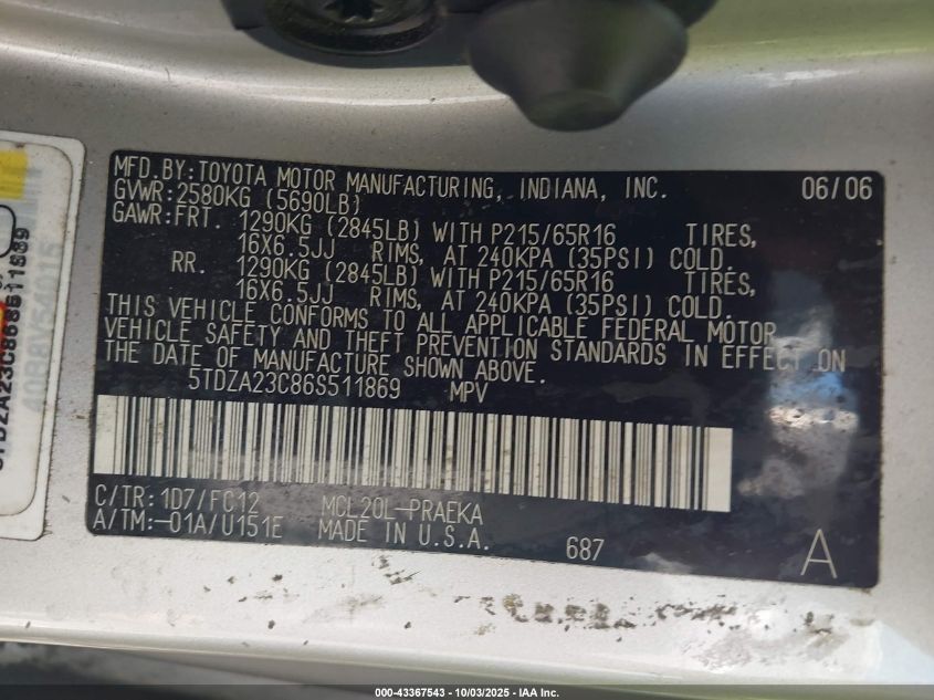 2006 Toyota Sienna Le VIN: 5TDZA23C86S511869 Lot: 43367543