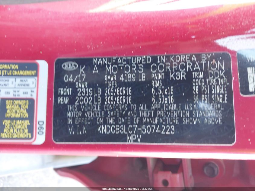 2017 Kia Niro Lx VIN: KNDCB3LC7H5074223 Lot: 43367544