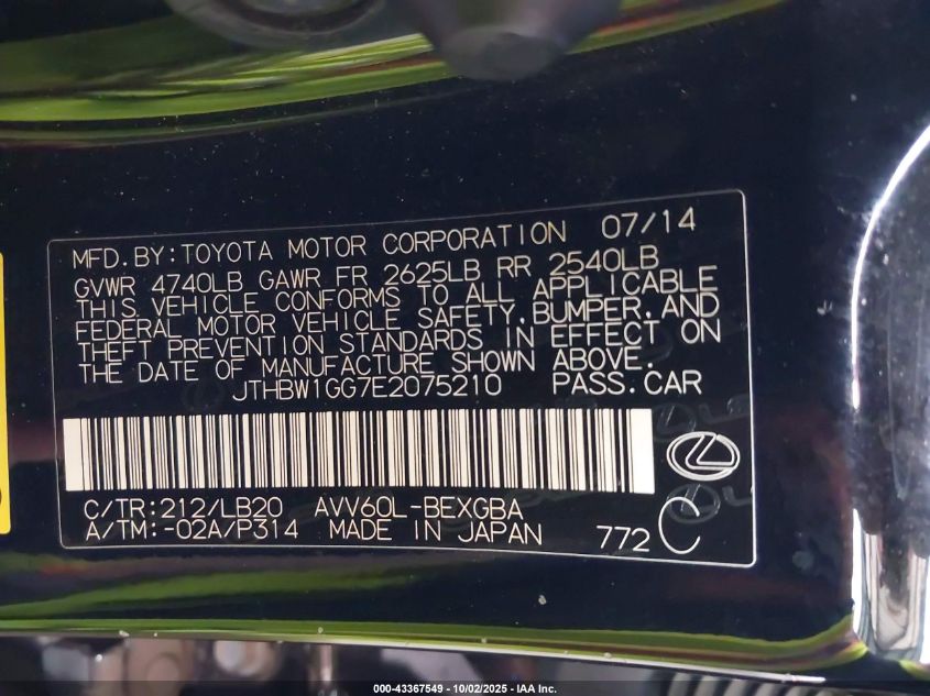 2014 Lexus Es 300H VIN: JTHBW1GG7E2075210 Lot: 43367549