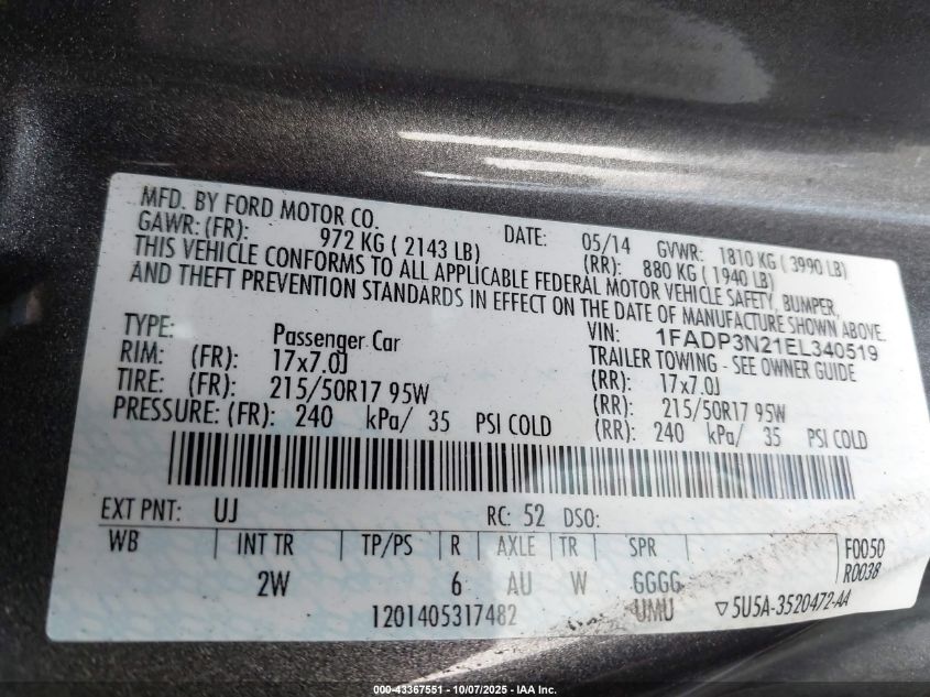 2014 Ford Focus Titanium VIN: 1FADP3N21EL340519 Lot: 43367551