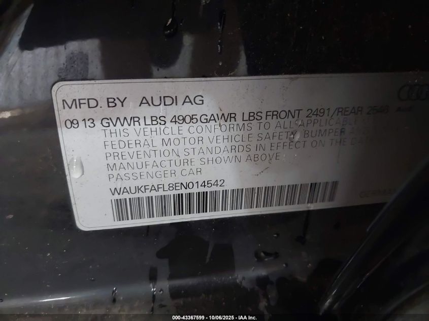 2014 Audi A4 2.0T Premium VIN: WAUKFAFL8EN014542 Lot: 43367599