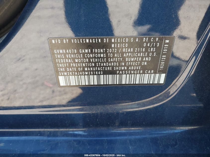 2013 Volkswagen Jetta S VIN: 3VW2K7AJ4DM291640 Lot: 43367604