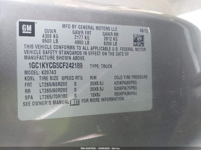 2012 Chevrolet Silverado 2500Hd Ltz VIN: 1GC1KYCG5CF242189 Lot: 43367620