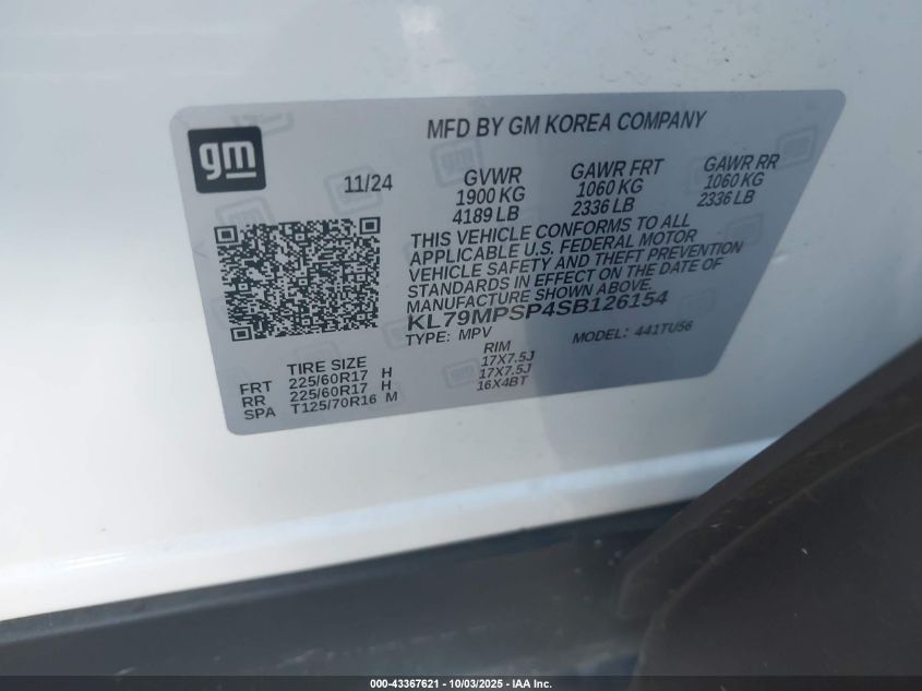 2025 Chevrolet Trailblazer Fwd Lt VIN: KL79MPSP4SB126154 Lot: 43367621