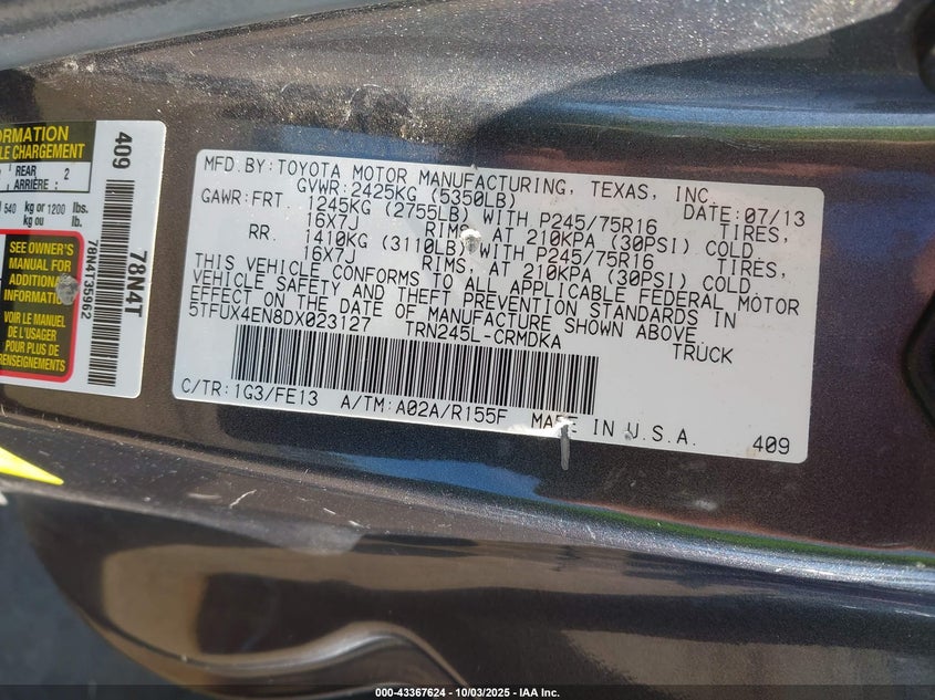 2013 TOYOTA TACOMA - 5TFUX4EN8DX023127