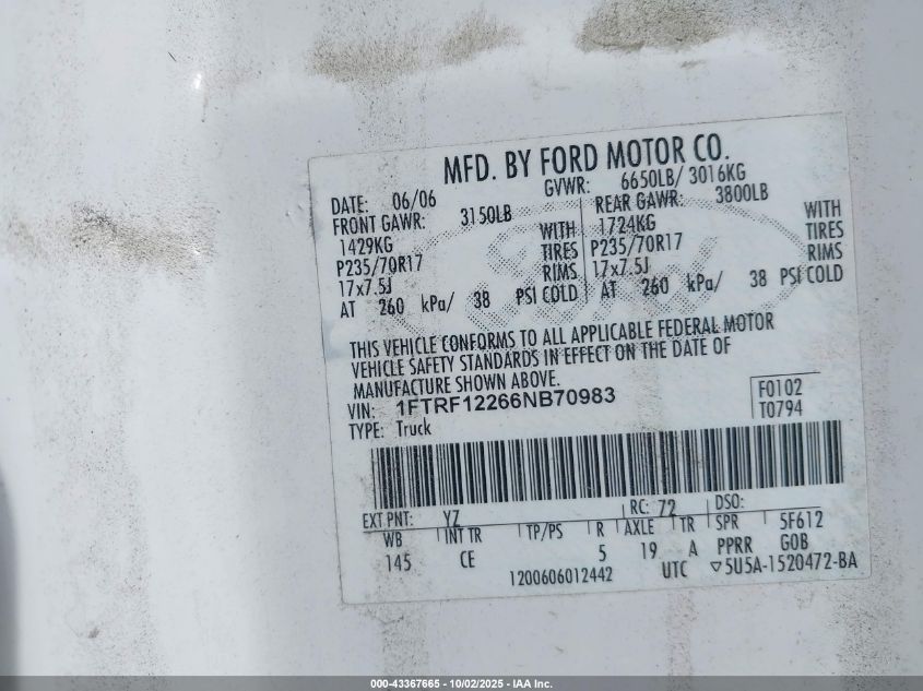 2006 Ford F-150 Stx/Xl/Xlt VIN: 1FTRF12266NB70983 Lot: 43367665