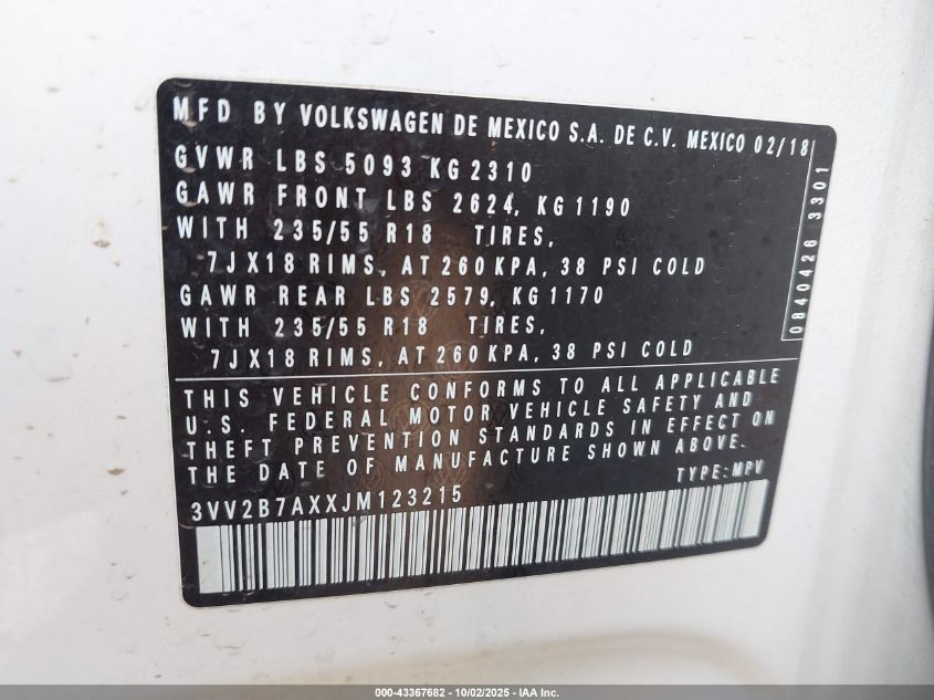 2018 Volkswagen Tiguan 2.0T Se/2.0T Sel VIN: 3VV2B7AXXJM123215 Lot: 43367682
