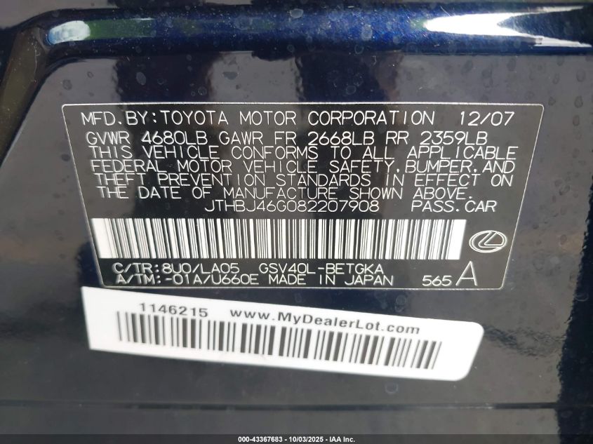 2008 Lexus Es 350 VIN: JTHBJ46G082207908 Lot: 43367683