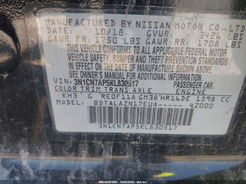 2019 Nissan Versa 1.6 S+ VIN: 3N1CN7AP5KL830517 Lot: 43367685