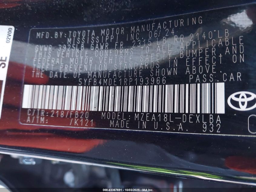 2024 Toyota Corolla Le VIN: 5YFB4MDE1RP193966 Lot: 43367691
