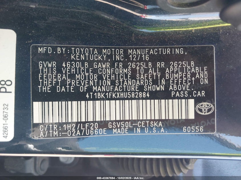 2017 TOYOTA CAMRY XSE V6 - 4T1BK1FKXHU582884