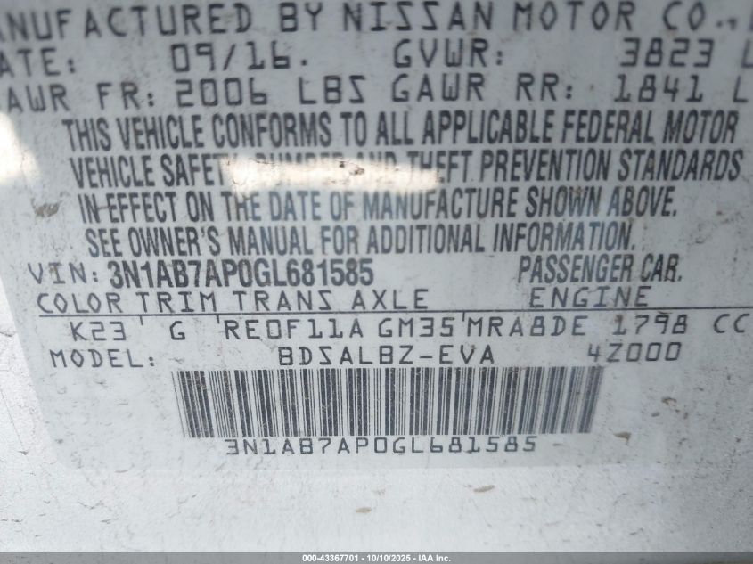 2016 Nissan Sentra S VIN: 3N1AB7AP0GL681585 Lot: 43367701