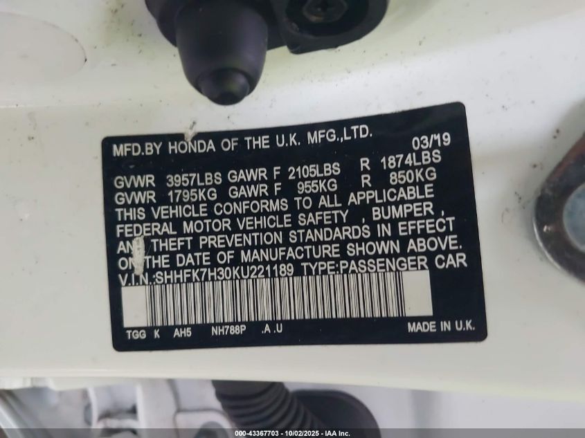 2019 Honda Civic Lx VIN: SHHFK7H30KU221189 Lot: 43367703