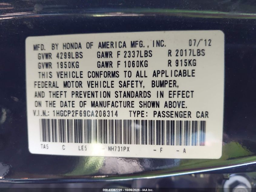 2012 Honda Accord 2.4 Se VIN: 1HGCP2F69CA208314 Lot: 43367709