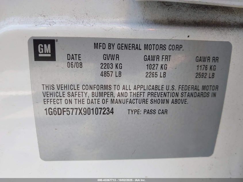 2009 Cadillac Cts Standard VIN: 1G6DF577X90107234 Lot: 43367713