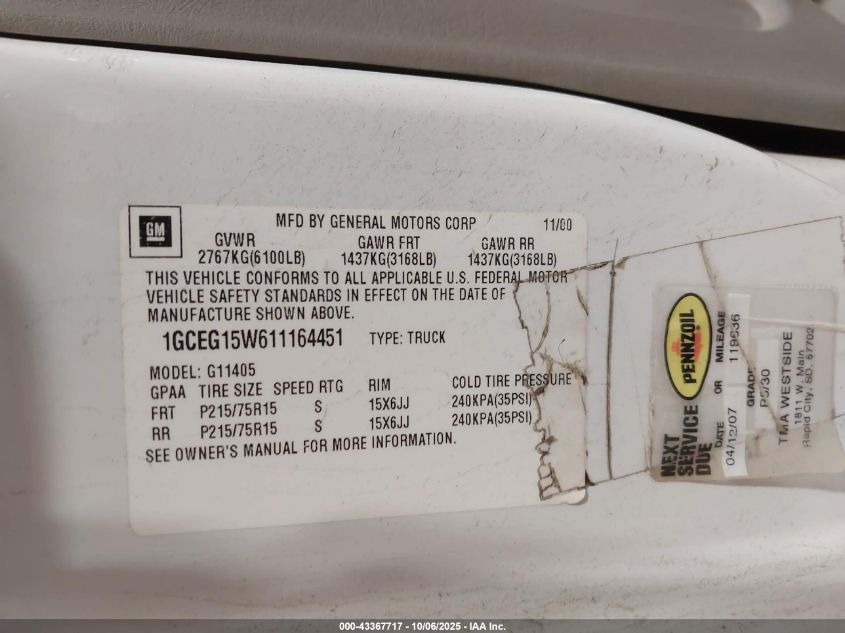 2001 Chevrolet Express VIN: 1GCEG15W611164451 Lot: 43367717