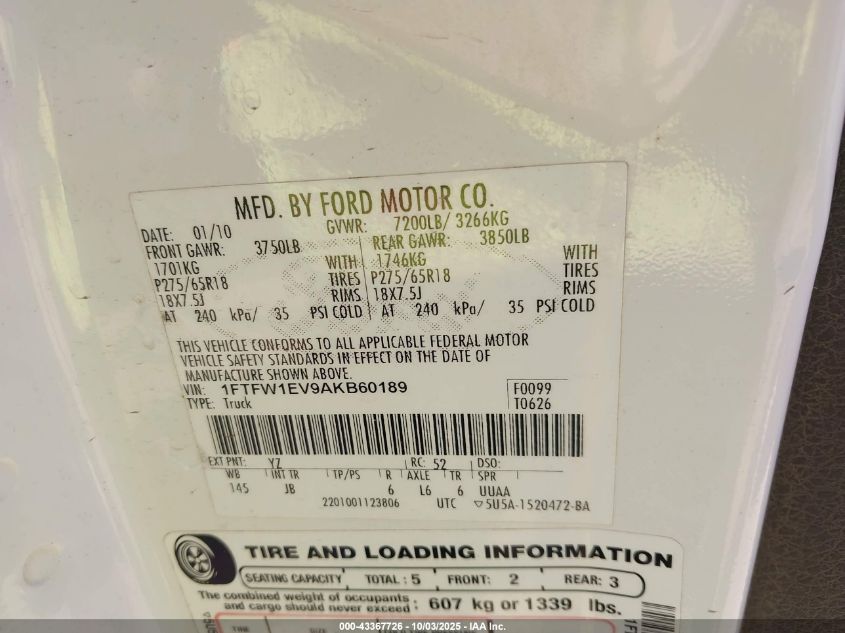 2010 Ford F-150 Fx4/Harley-Davidson/King Ranch/Lariat/Platinum/Xl/Xlt VIN: 1FTFW1EV9AKB60189 Lot: 43367726