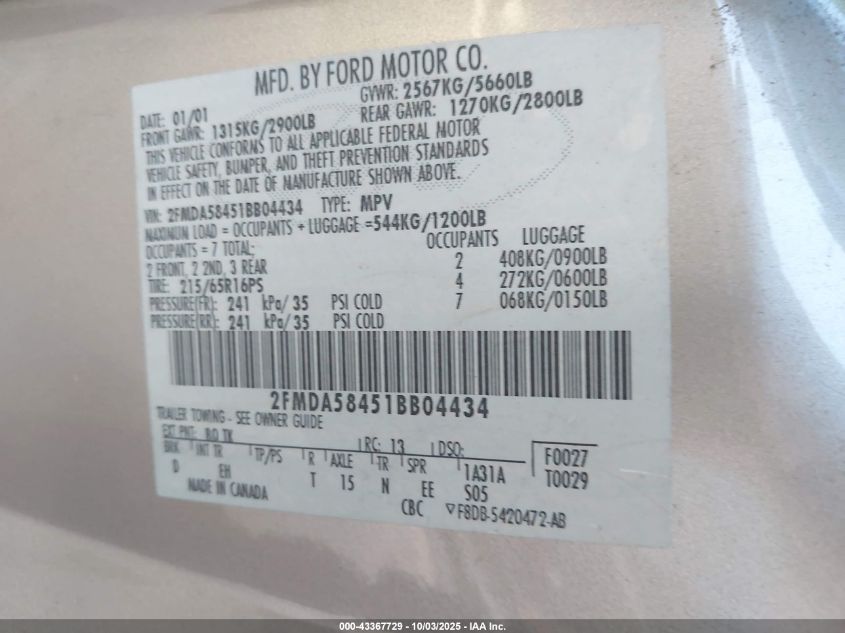 2001 Ford Windstar Limited VIN: 2FMDA58451BB04434 Lot: 43367729