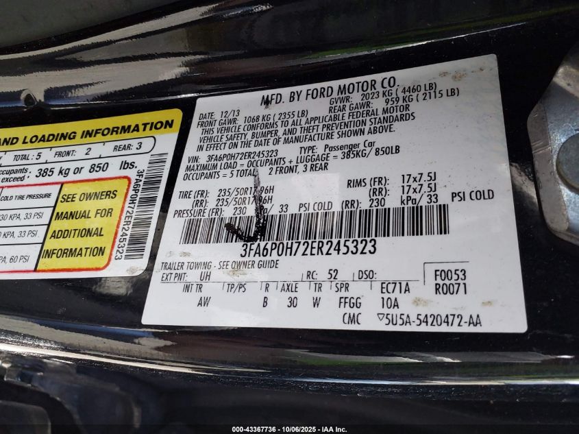 2014 Ford Fusion Se VIN: 3FA6P0H72ER245323 Lot: 43367736