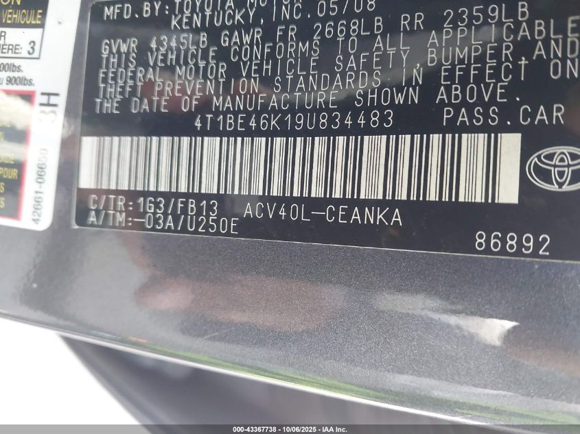 2009 Toyota Camry Le VIN: 4T1BE46K19U834483 Lot: 43367738