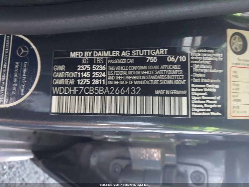 2011 Mercedes-Benz E 550 VIN: WDDHF7CB5BA266432 Lot: 43367750