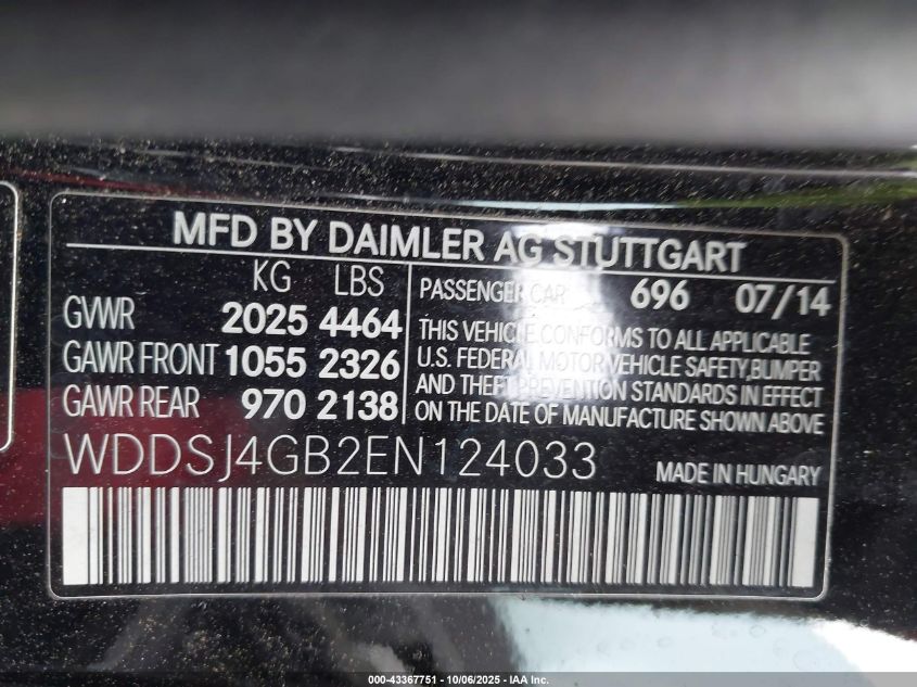 2014 Mercedes-Benz Cla 250 4Matic VIN: WDDSJ4GB2EN124033 Lot: 43367751