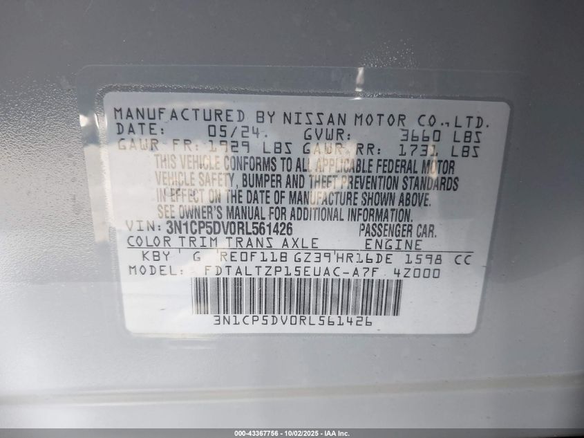 2024 Nissan Kicks Sr Xtronic Cvt VIN: 3N1CP5DV0RL561426 Lot: 43367756