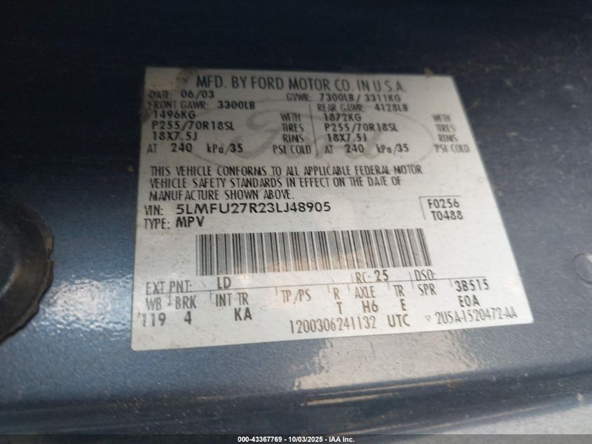 2003 Lincoln Navigator VIN: 5LMFU27R23LJ48905 Lot: 43367769