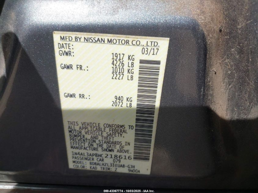 2017 Nissan Altima 2.5 Sr VIN: 1N4AL3AP8HC218616 Lot: 43367774