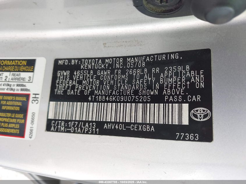 2009 Toyota Camry Hybrid VIN: 4T1BB46K09U075205 Lot: 43367785