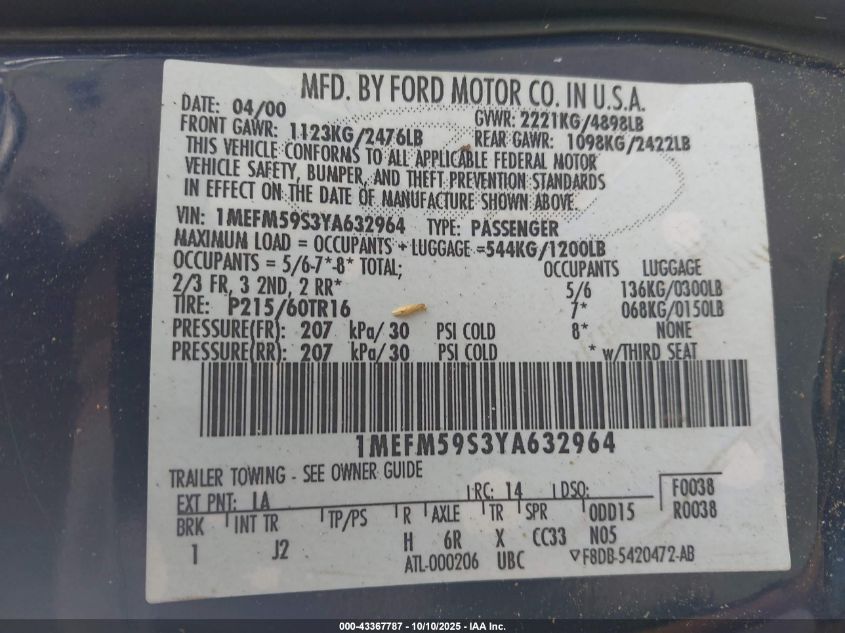 2000 Mercury Sable Ls Premium VIN: 1MEFM59S3YA632964 Lot: 43367787