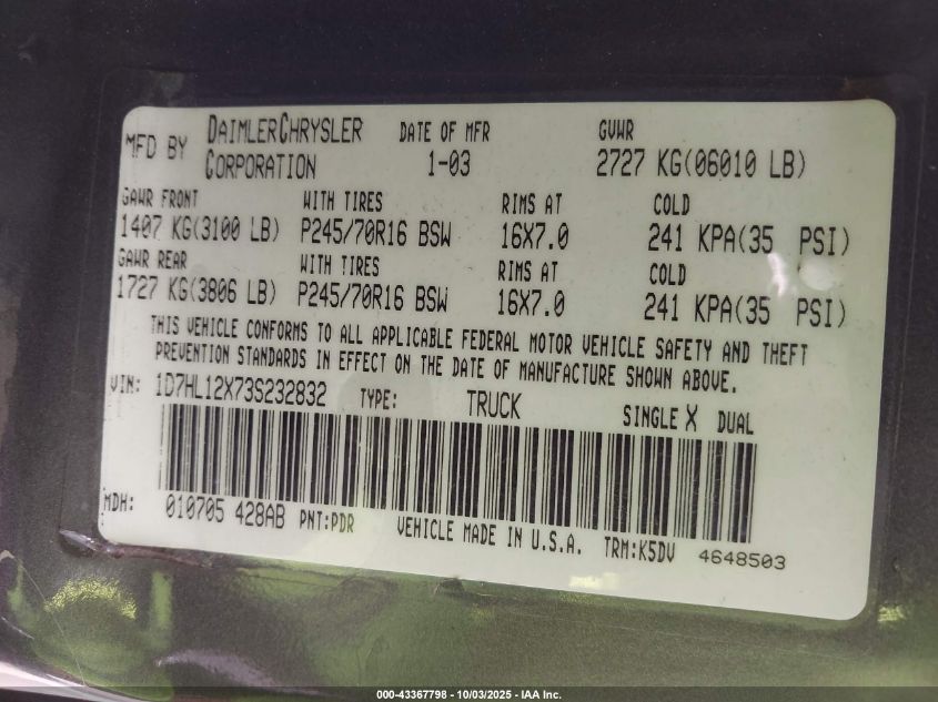 2003 Dodge Dakota VIN: 1D7HL12X73S232832 Lot: 43367798