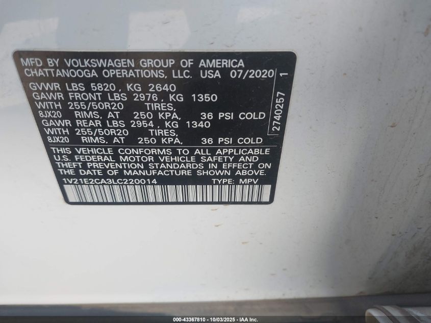 2020 Volkswagen Atlas Cross Sport 3.6L V6 Se W/Technology/3.6L V6 Se W/Technology R-Line VIN: 1V21E2CA3LC220014 Lot: 43367810